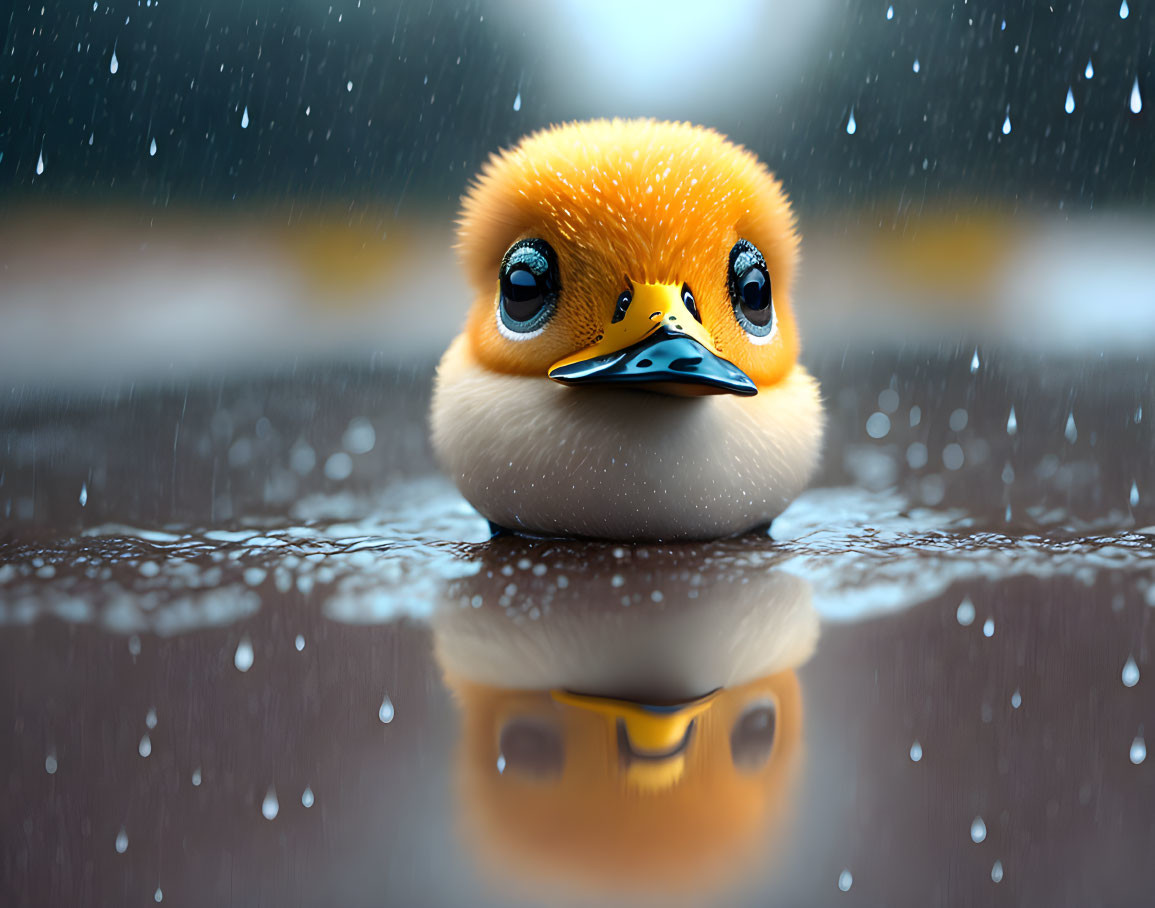 Cartoon duckling in the rain on wet surface