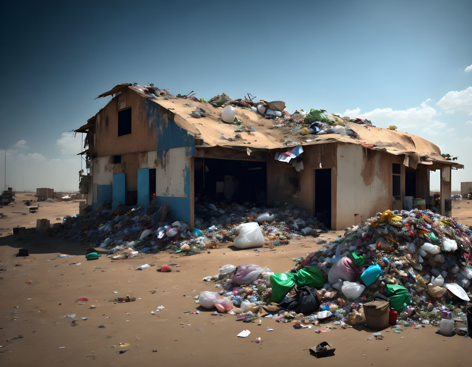 Abandoned building filled with garbage under cloudy sky