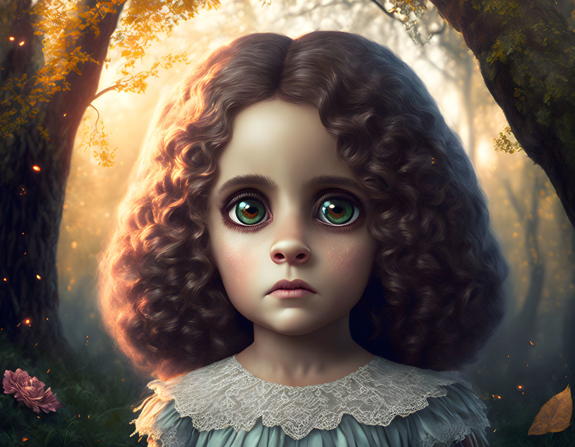 Digital Artwork: Young Girl with Green Eyes in Enchanted Forest