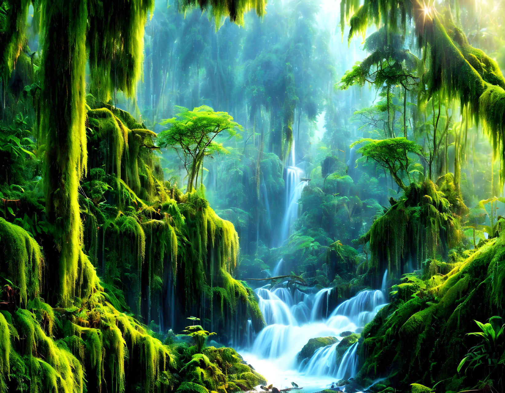 Serene forest scene with mossy trees, waterfall, sunlight, and lush vegetation