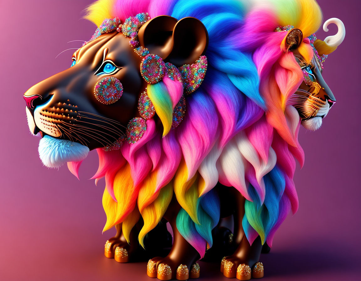 Colorful Lion Digital Art with Rainbow Mane and Jewels on Purple Background