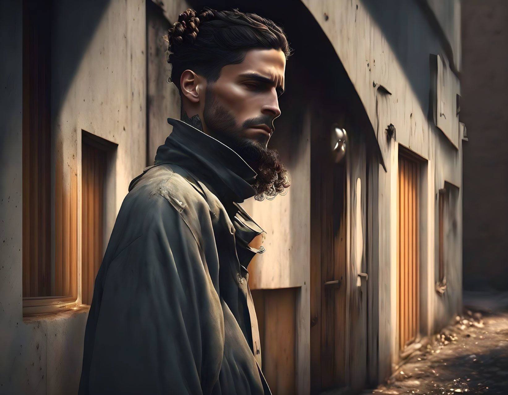 Bearded man with bun hairstyle in jacket gazes in narrow alley