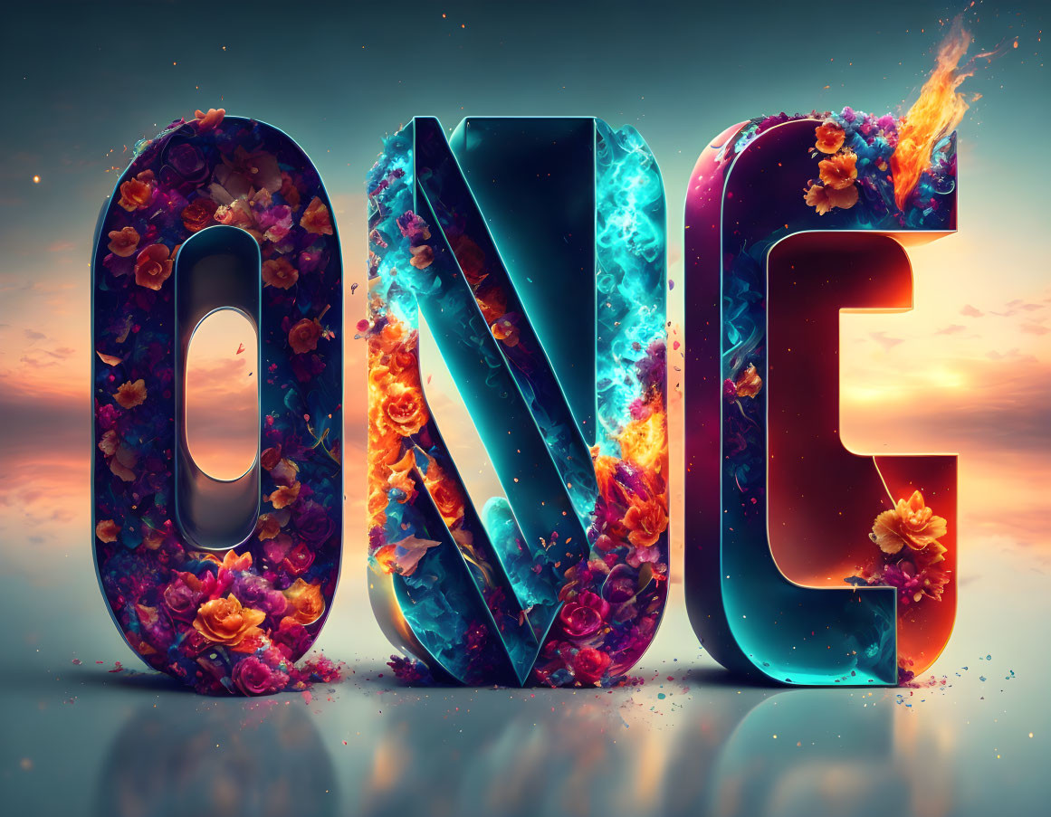 Colorful 3D word "ONE" with floral patterns and fire on 'N' against sunset