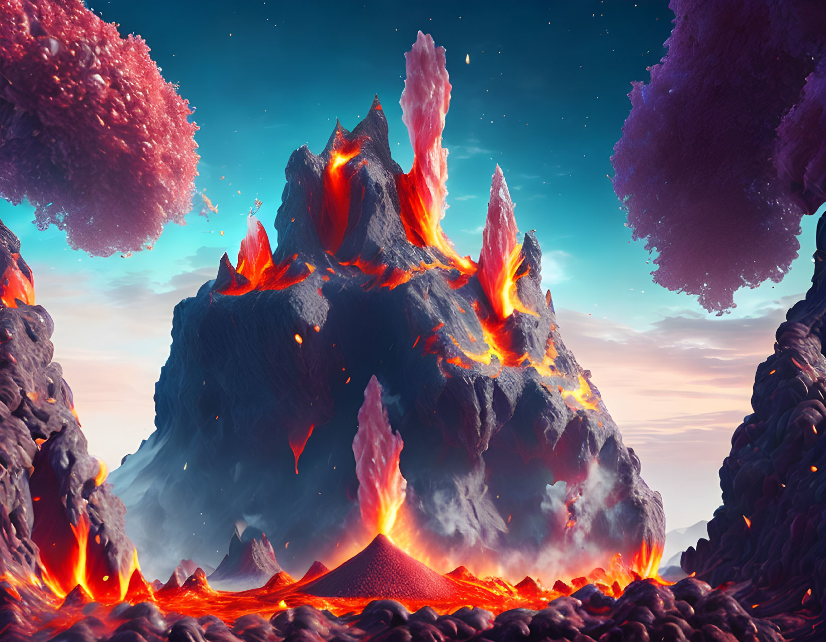 Digital artwork: Erupting volcano with lava flows in fantasy landscape