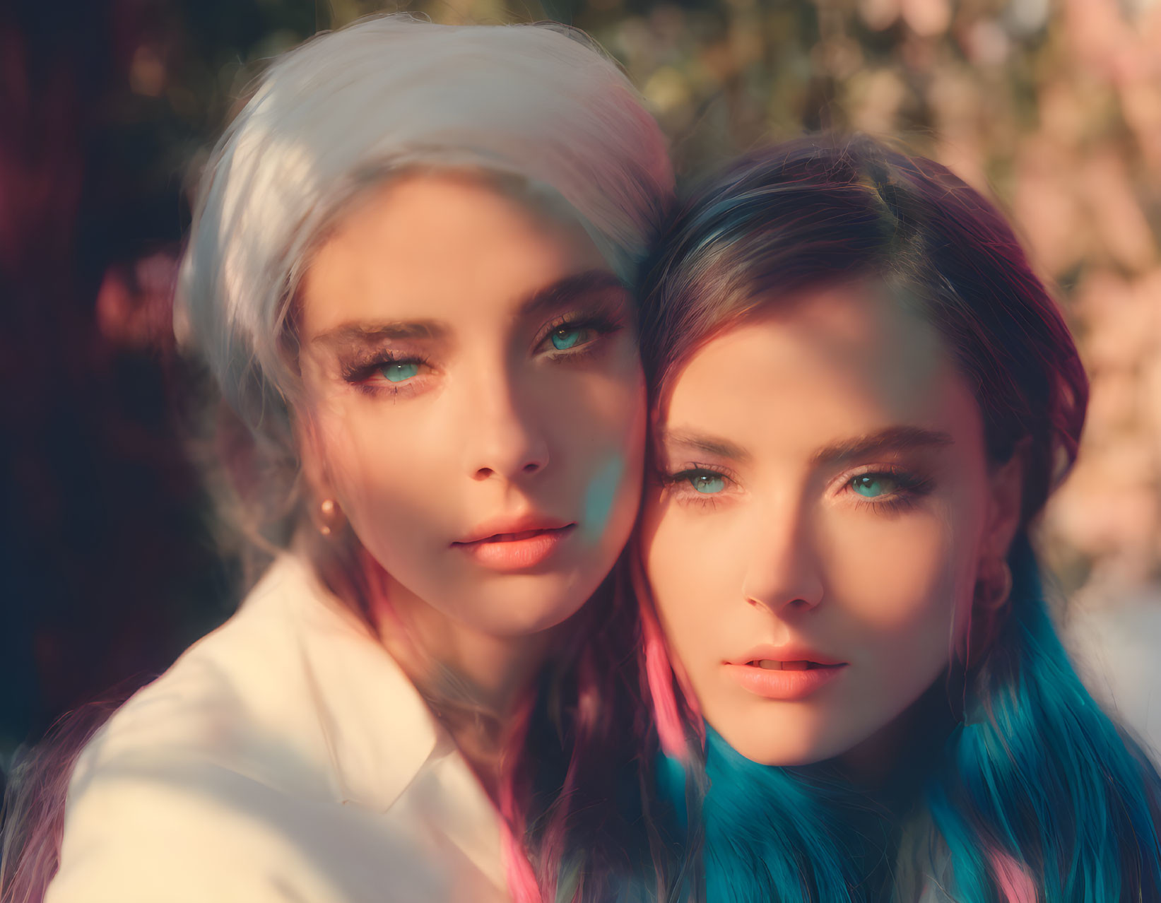 Colorful-haired women in striking makeup under warm sunlight with lens flares.