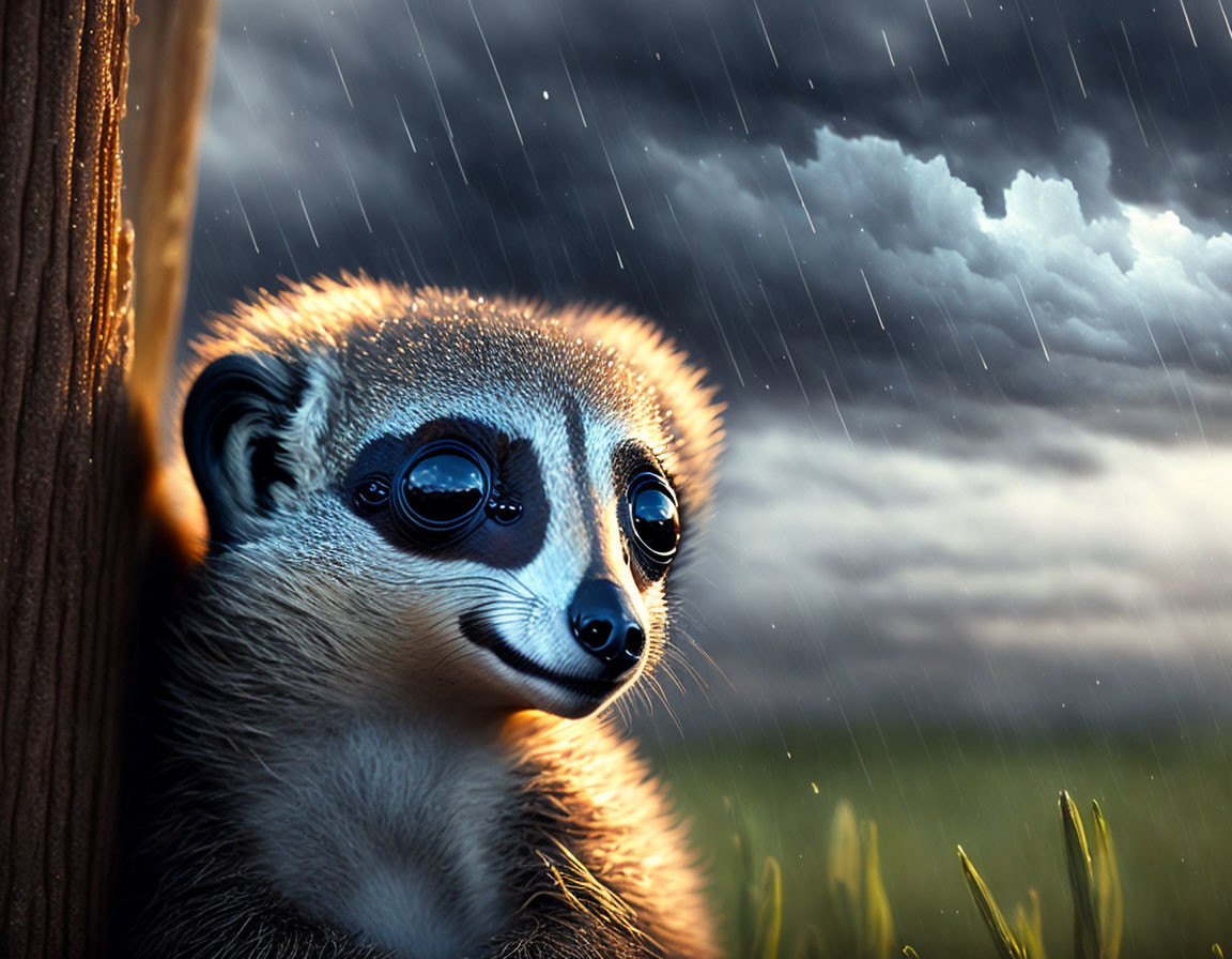 Meerkat seeking shelter under tree in stormy weather