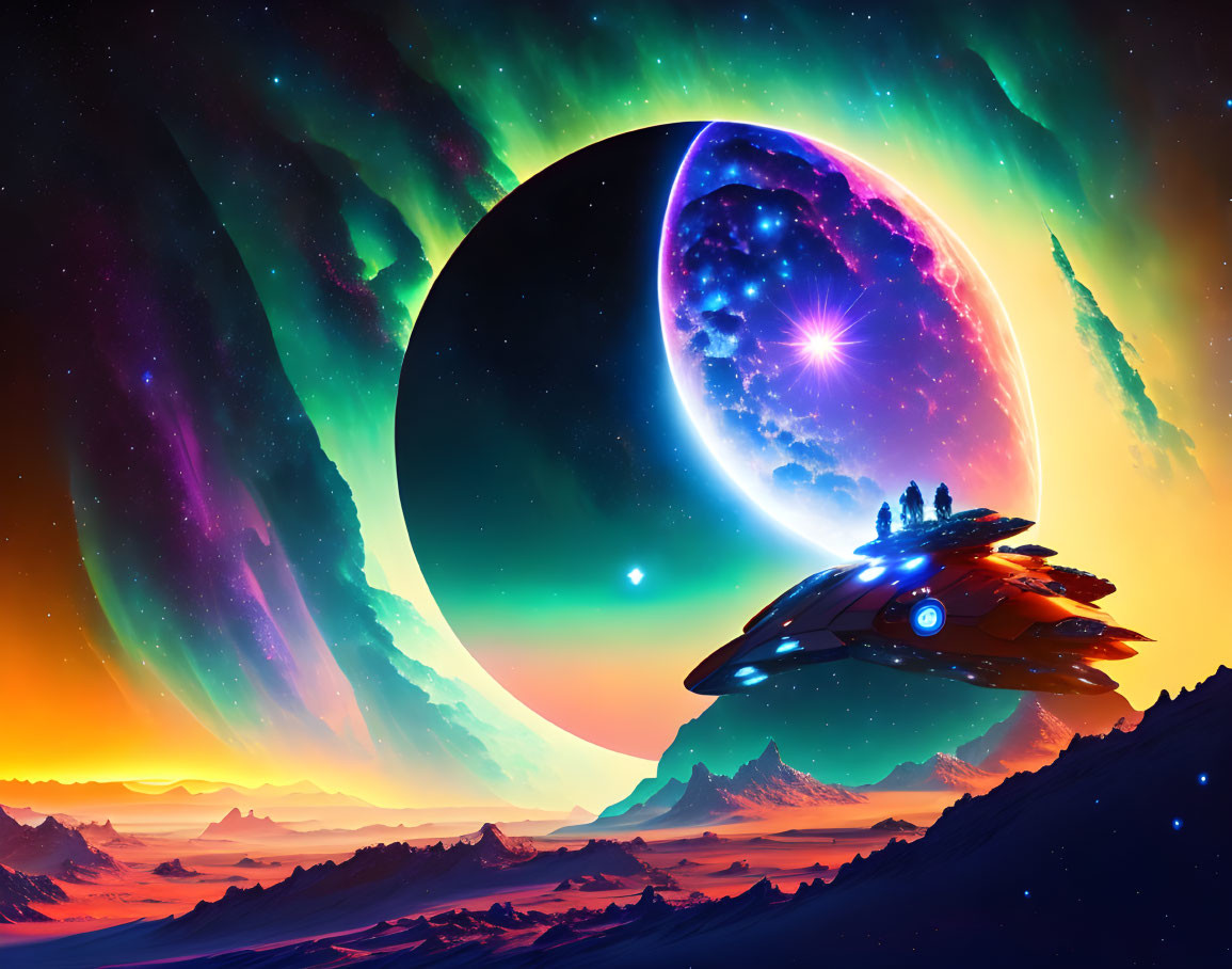 Colorful Sci-Fi Landscape with Spaceship and Alien Planet