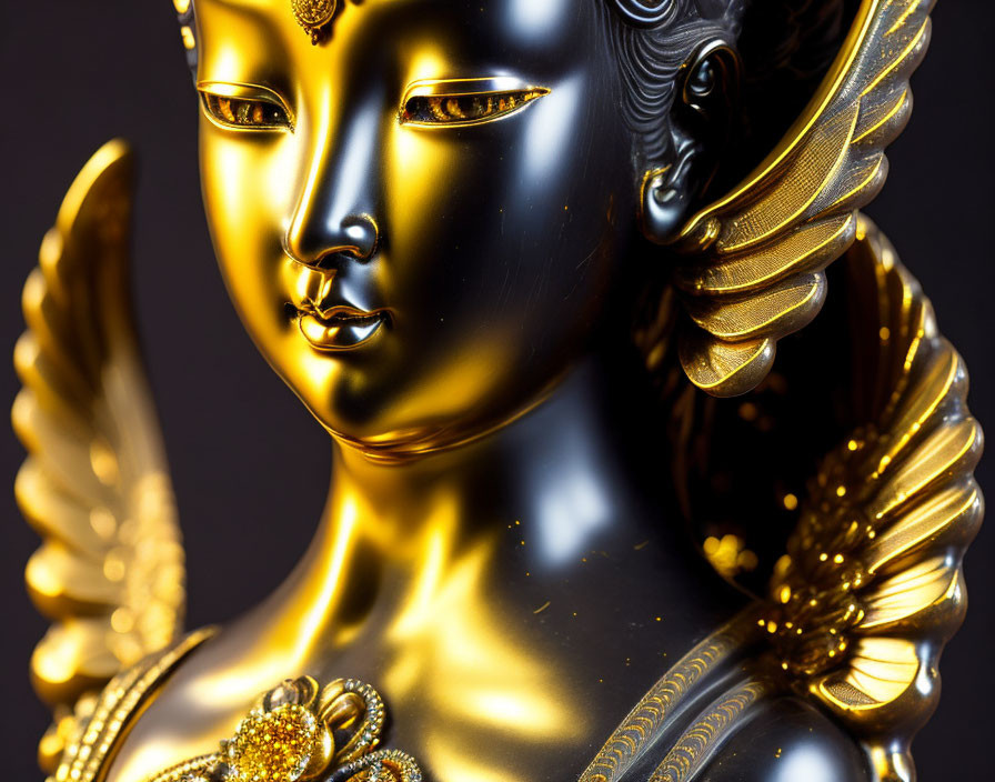 Golden and Black Serene Angel Statue with Elegant Wings and Jewelry