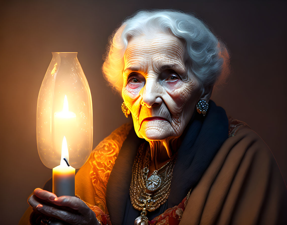 Elderly woman with wrinkles holding a candle lamp in warm lighting