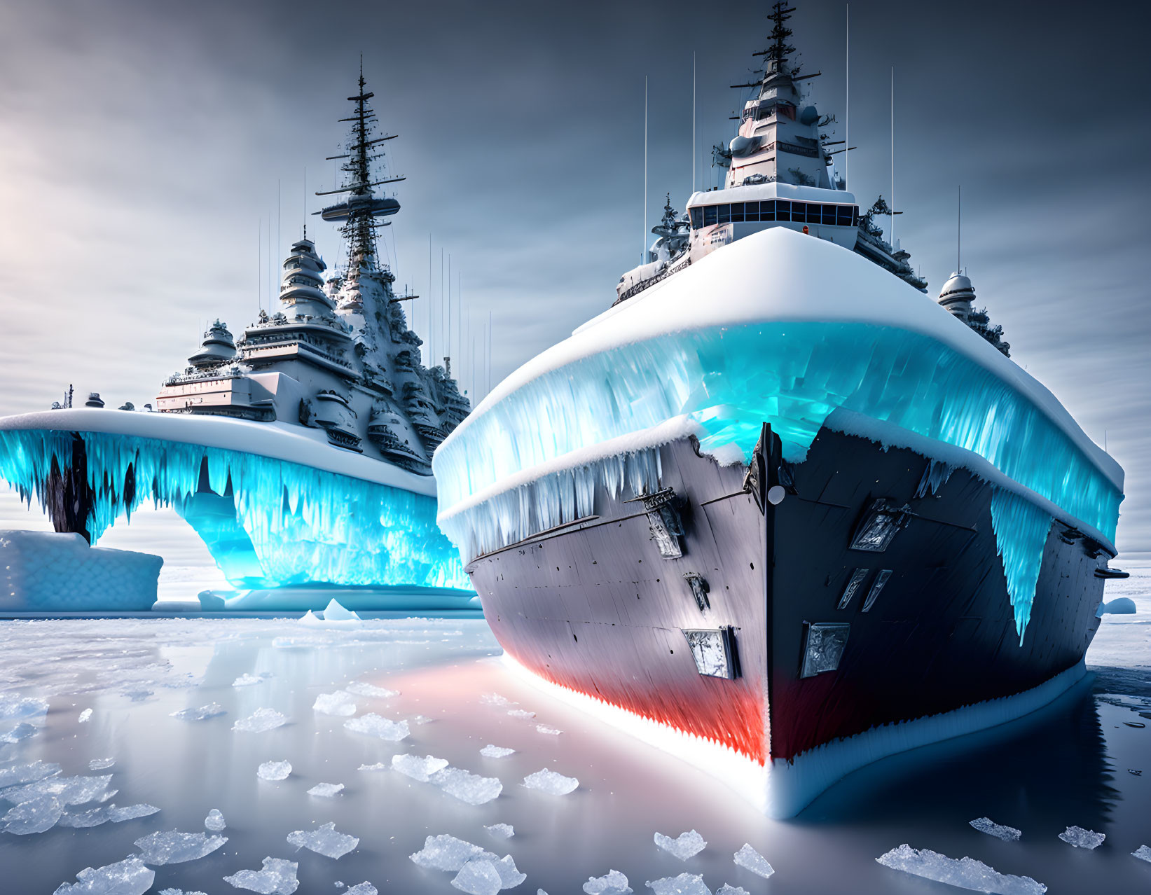 Naval ships trapped in ice on frozen sea under cloudy sky