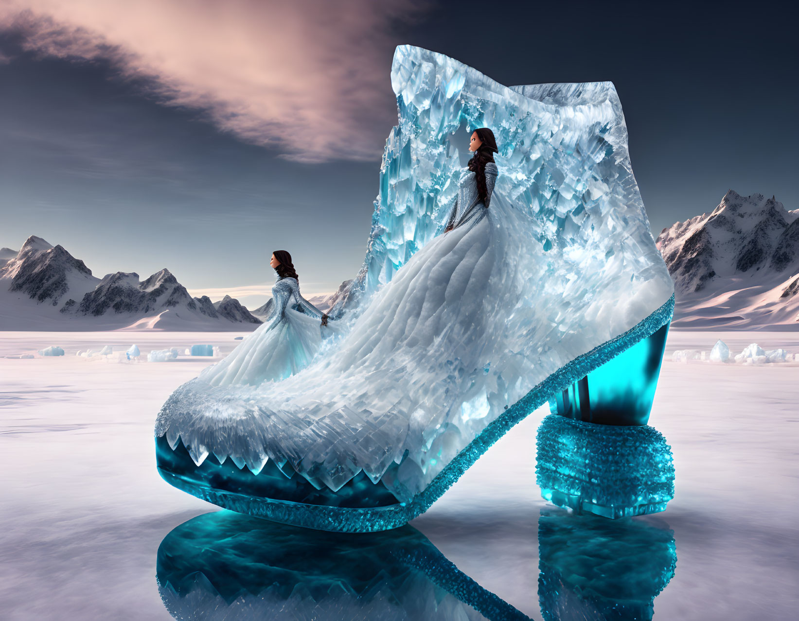 Two women in elegant dresses with a massive ice-sculpted high-heel shoe in a serene