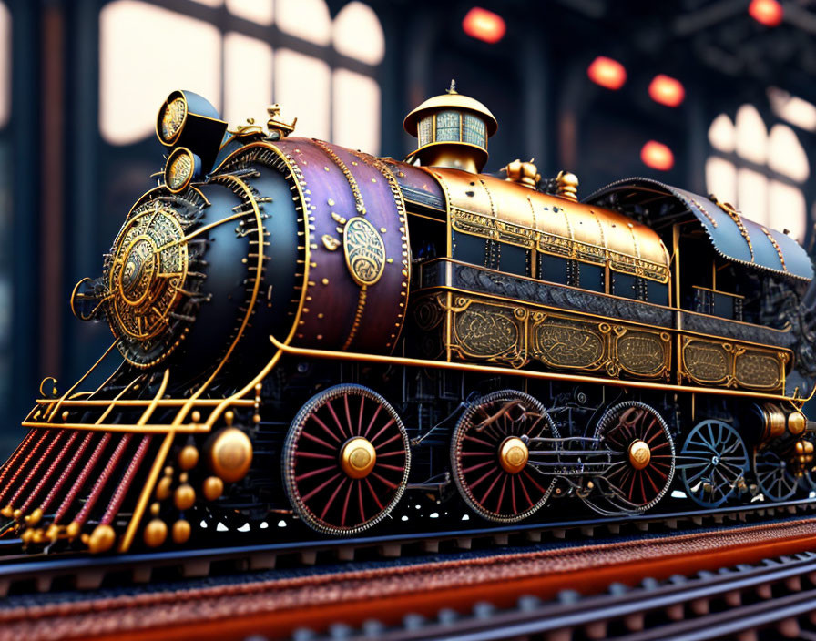 Steampunk-style train with brass and gold embellishments