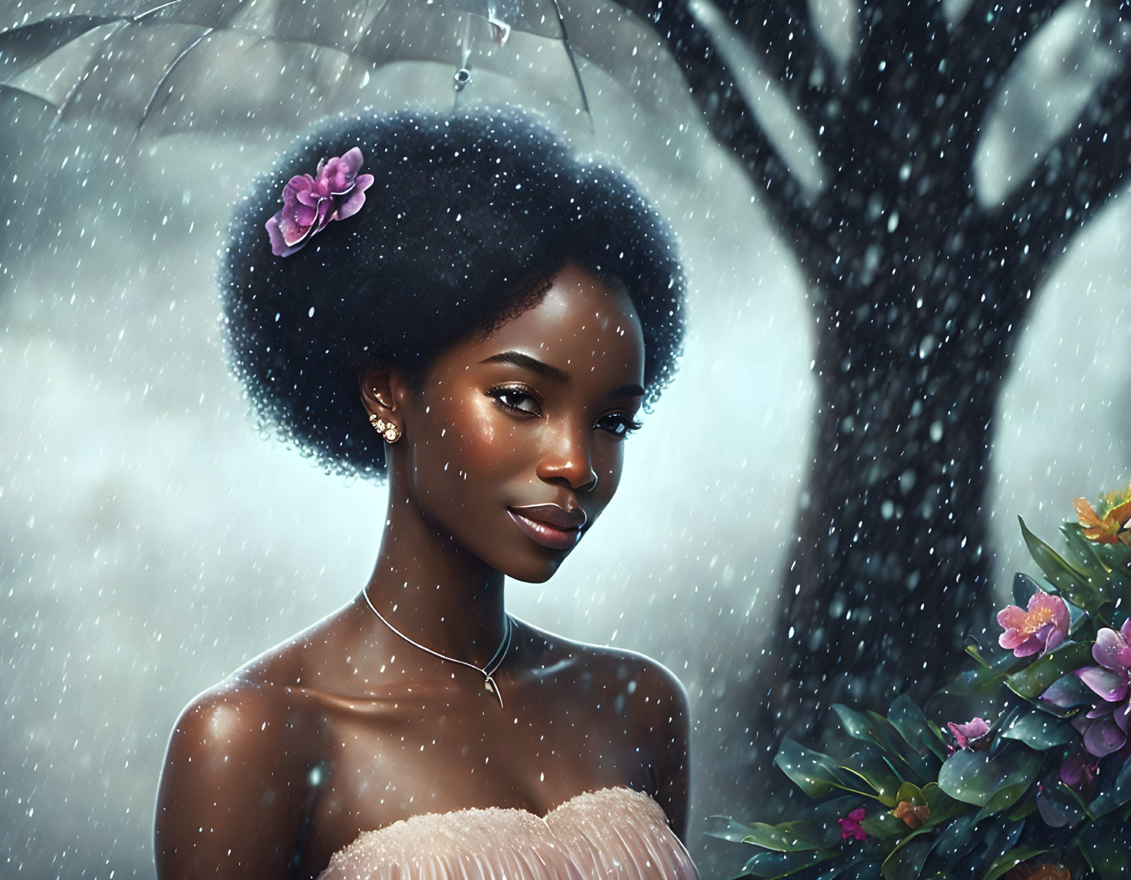 Woman with afro and pink flower in serene rain setting