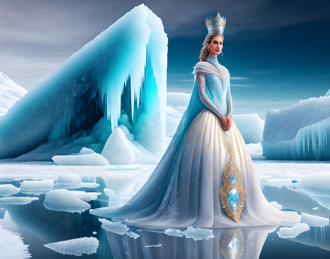 Regal woman in white and gold gown in icy landscape