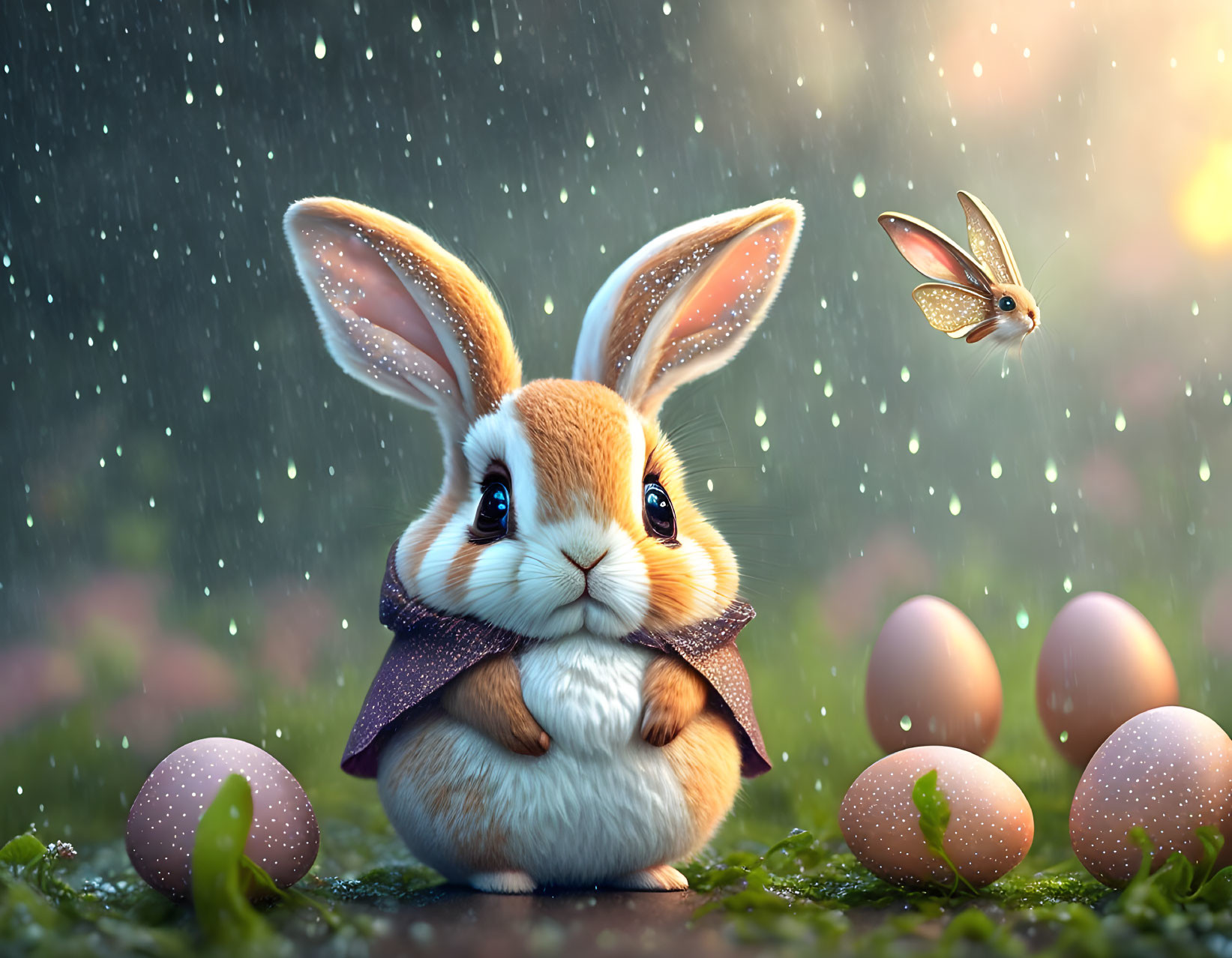 Adorable cartoon bunny with purple scarf in magical rain-sprinkled scene