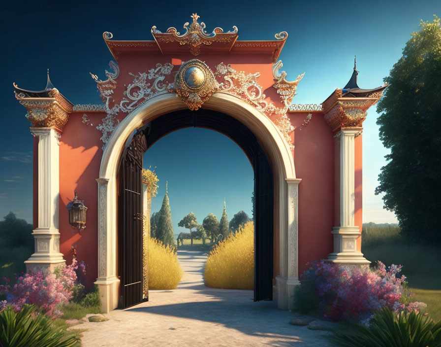 Ornate Gateway with Gold Accents and Lush Pathway