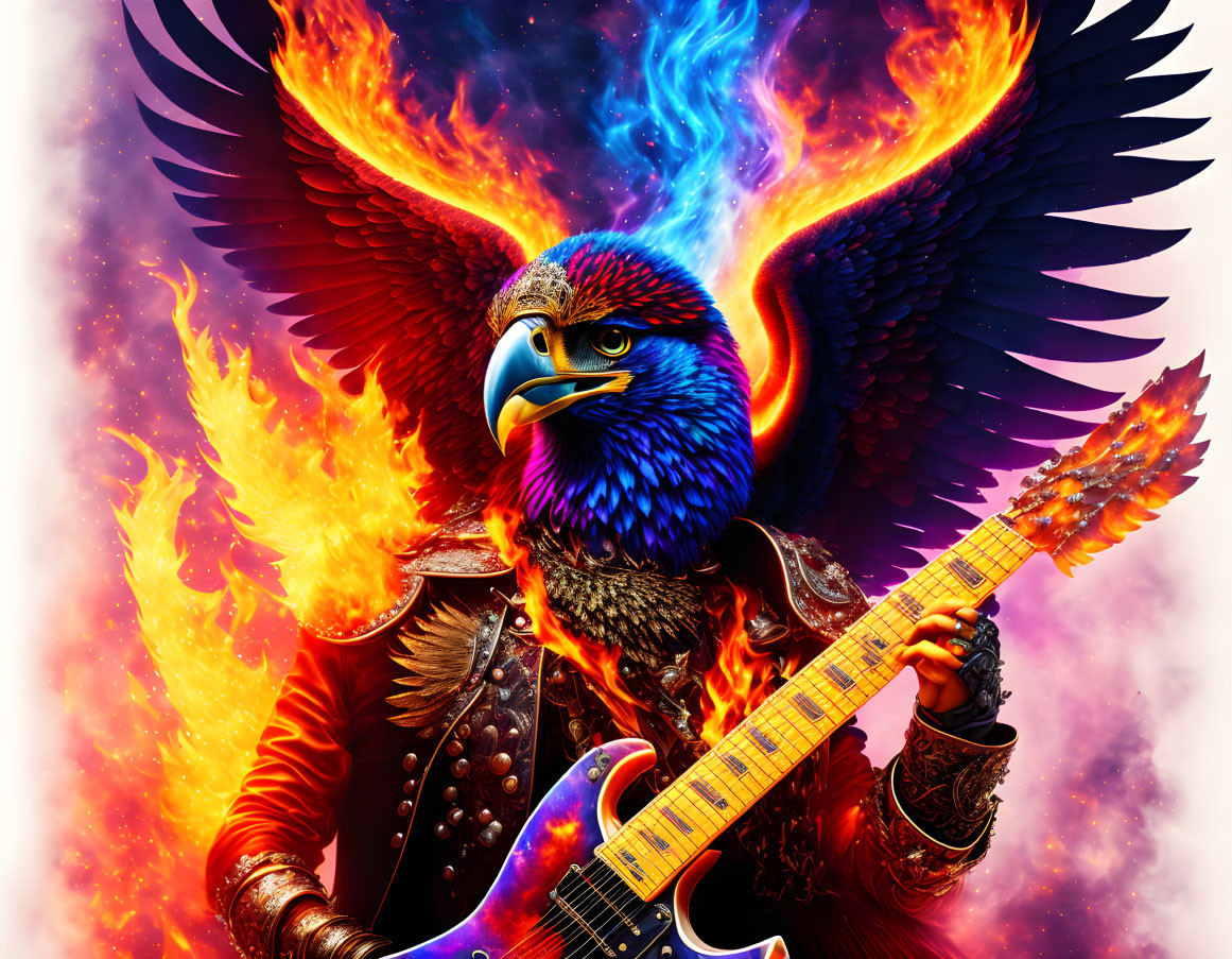 Anthropomorphic eagle with fiery wings playing guitar in rock outfit