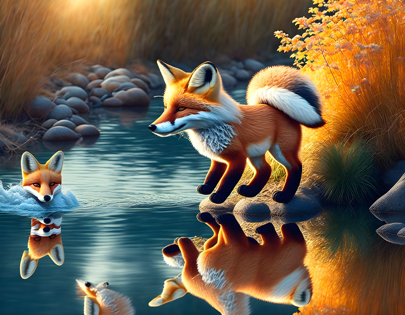 Illustrated foxes by serene sunset water with fall foliage and stones