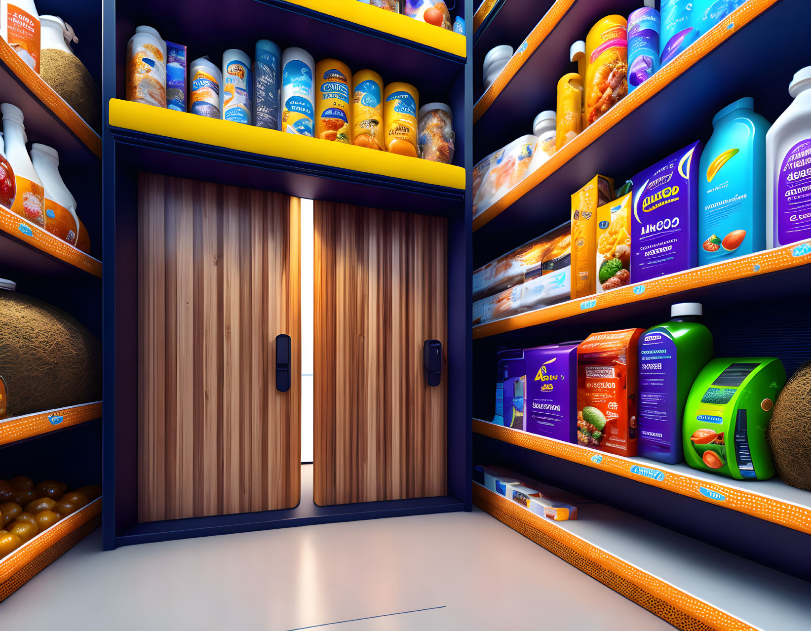 Vibrant 3D supermarket aisle with cleaning products and wooden double door