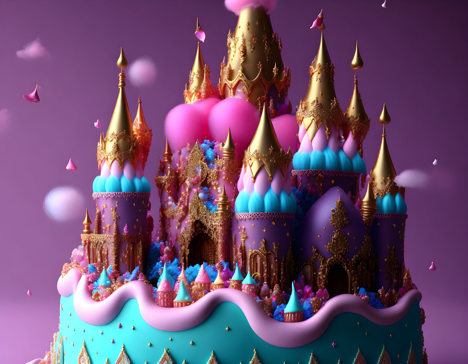 Colorful Spire Castle on Cake-Like Structure in Fantasy Setting