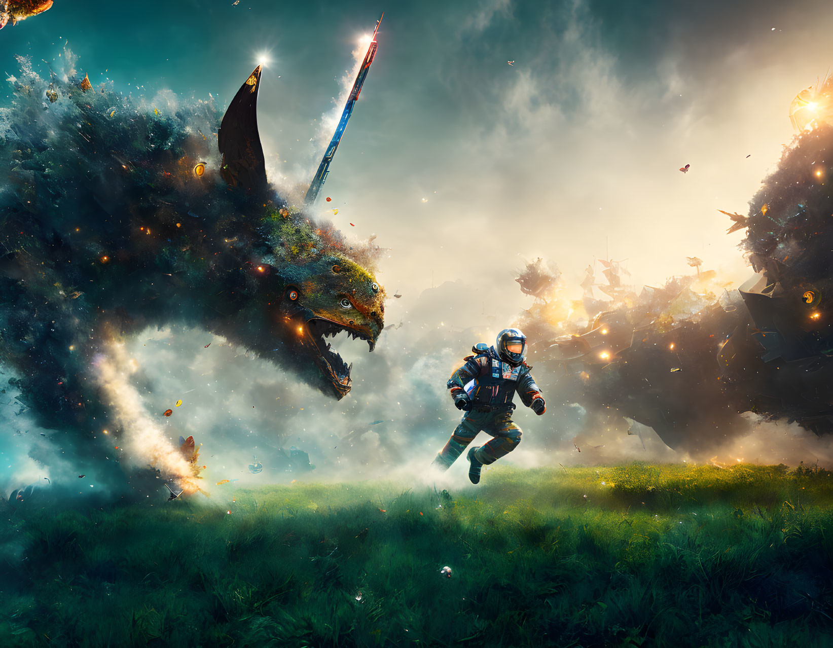 Astronaut in fantastical battlefield with giant beast and exploding debris under ethereal sky