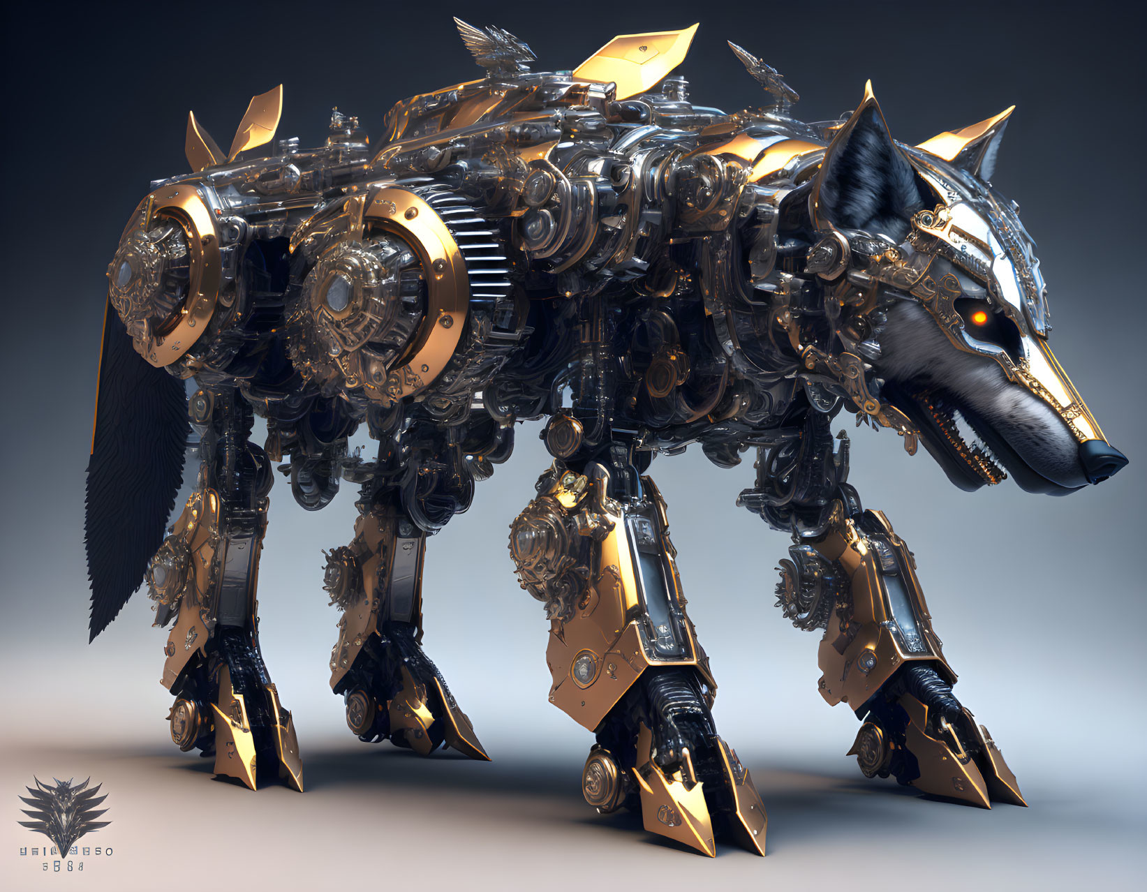 Detailed digital artwork: Mechanical wolf with metallic and golden components