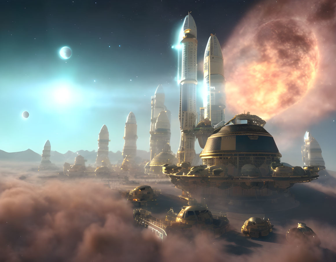 Futuristic city with towering spires above clouds and distant planets.