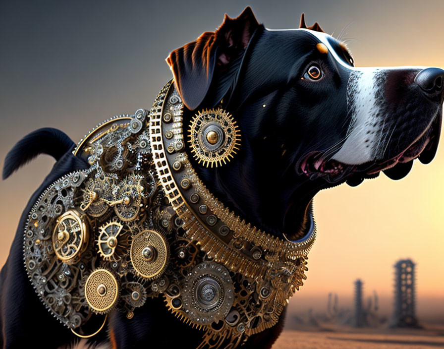 Black and Brown Dog with Golden Gear Collar in Dusk Landscape