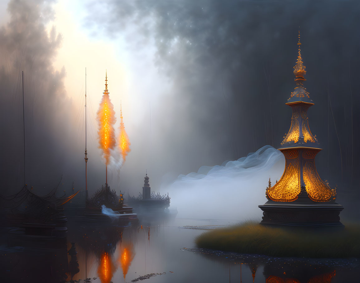 Ornate spires reflecting on water in mystical twilight