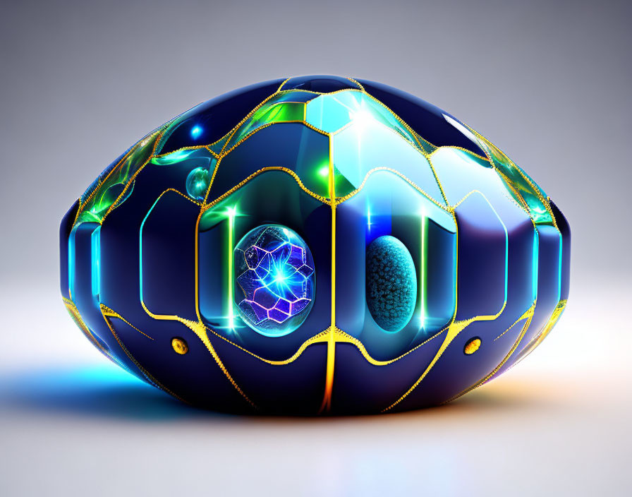 Futuristic ellipsoid object with neon blue and green glowing patterns