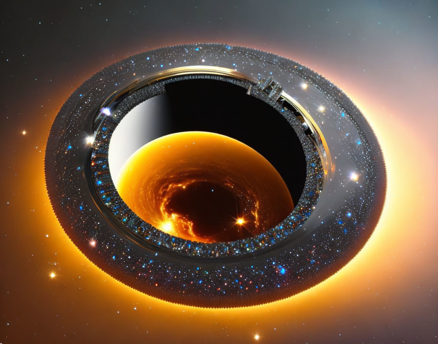 Cosmic black hole in ring structure with star-like lights on starry space background