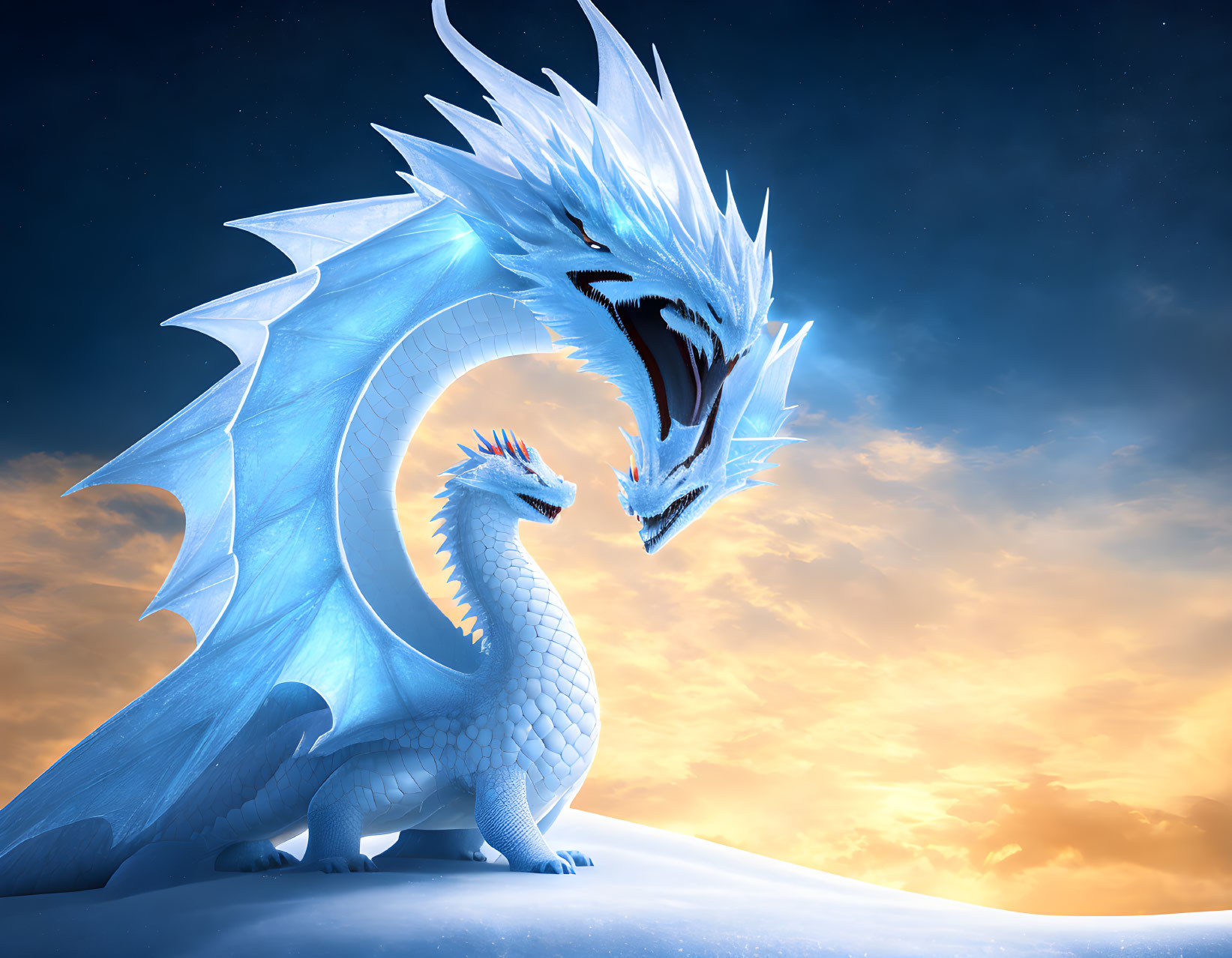 White Dragon with Blue Accents in Sunset Sky