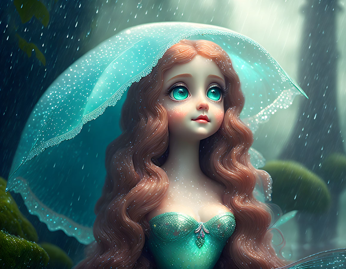 Digital artwork: Girl with large blue eyes and auburn hair under translucent umbrella in rain-soaked