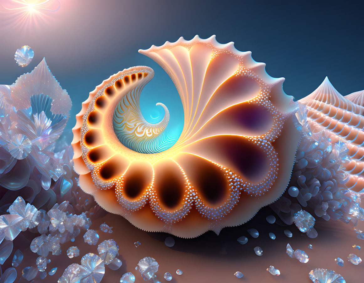 Colorful fractal nautilus shell surrounded by crystalline structures under a soft sky