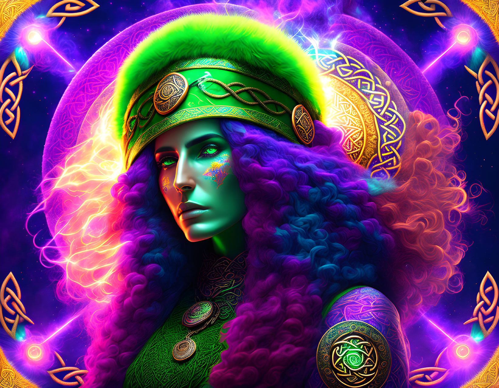 Digital artwork: Woman with purple hair and green headgear in cosmic setting with Celtic symbols