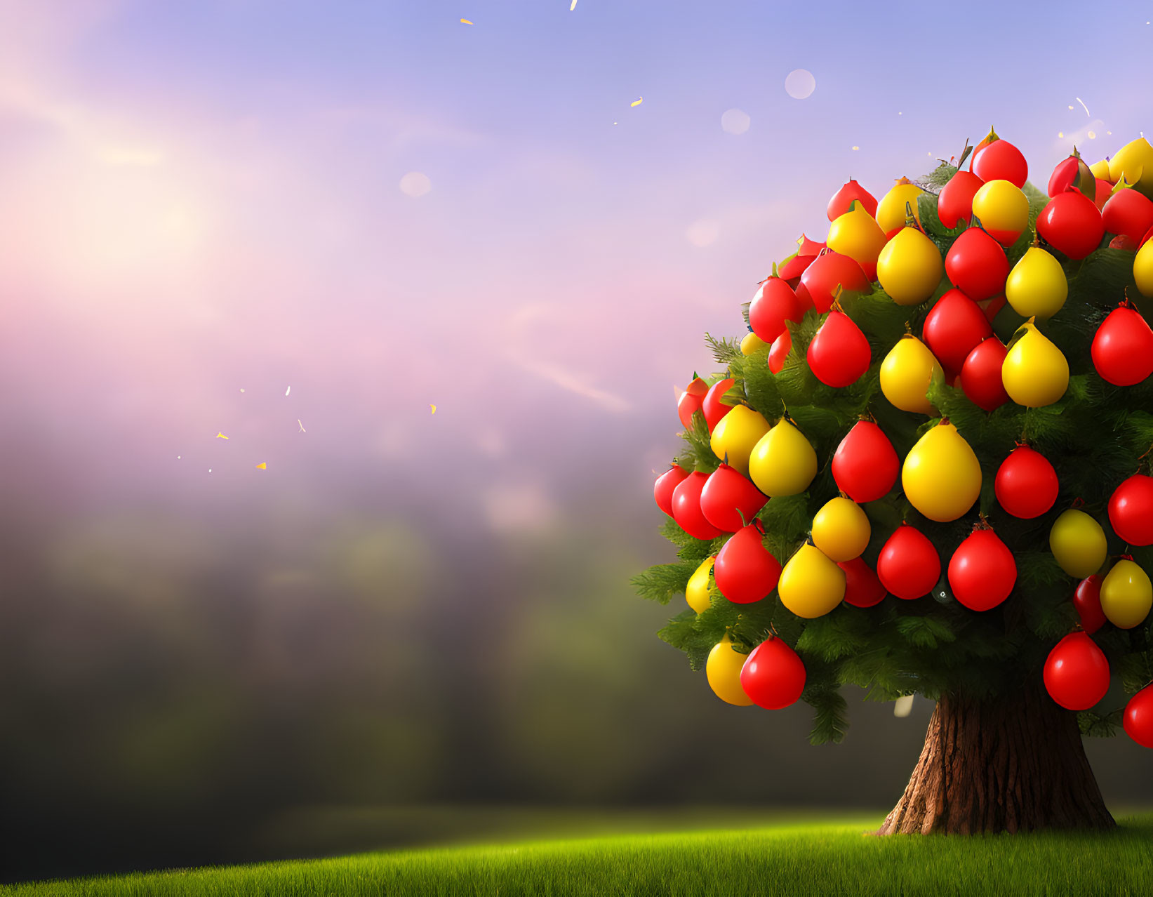 Whimsical tree with red and yellow balloon-like fruits in misty forest