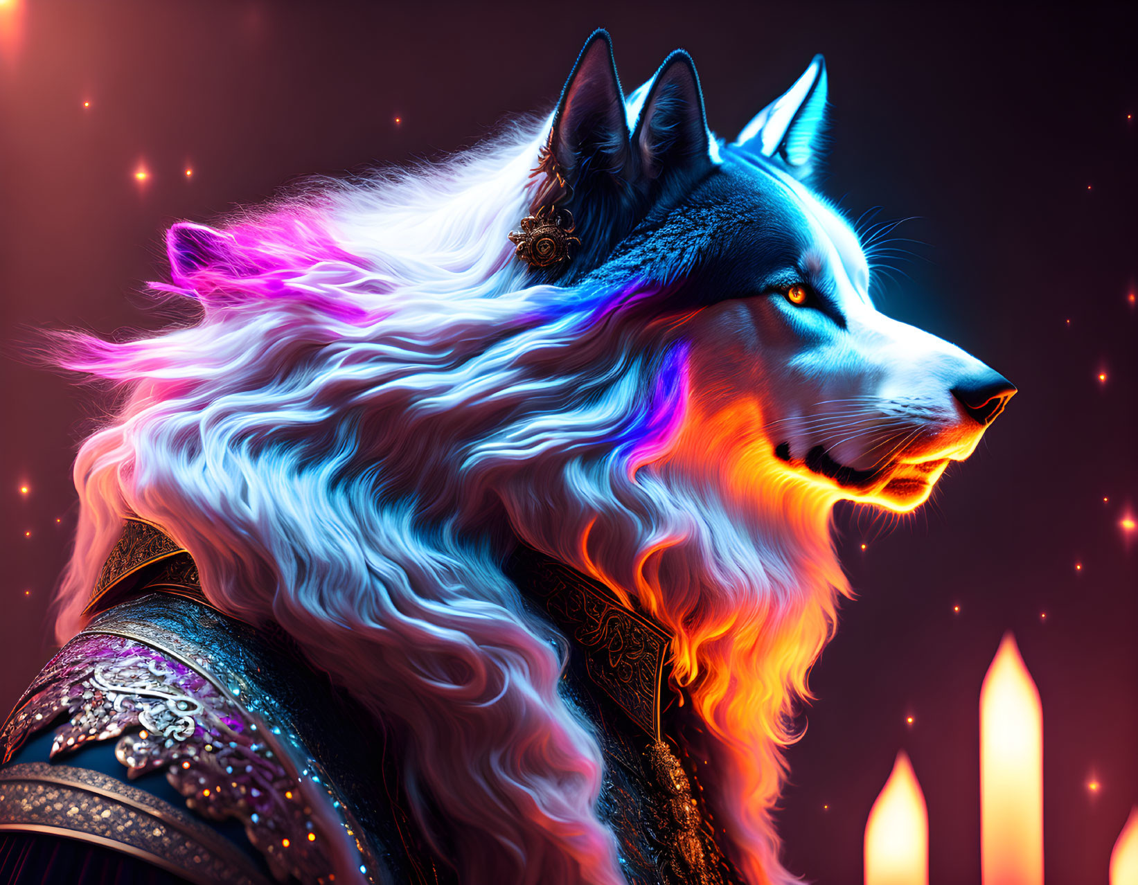 Colorful Fantasy Wolf with Ornate Armor in Candlelit Setting