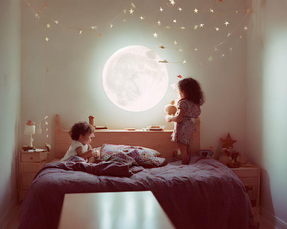 Children in cozy bedroom with moon projection and star decorations