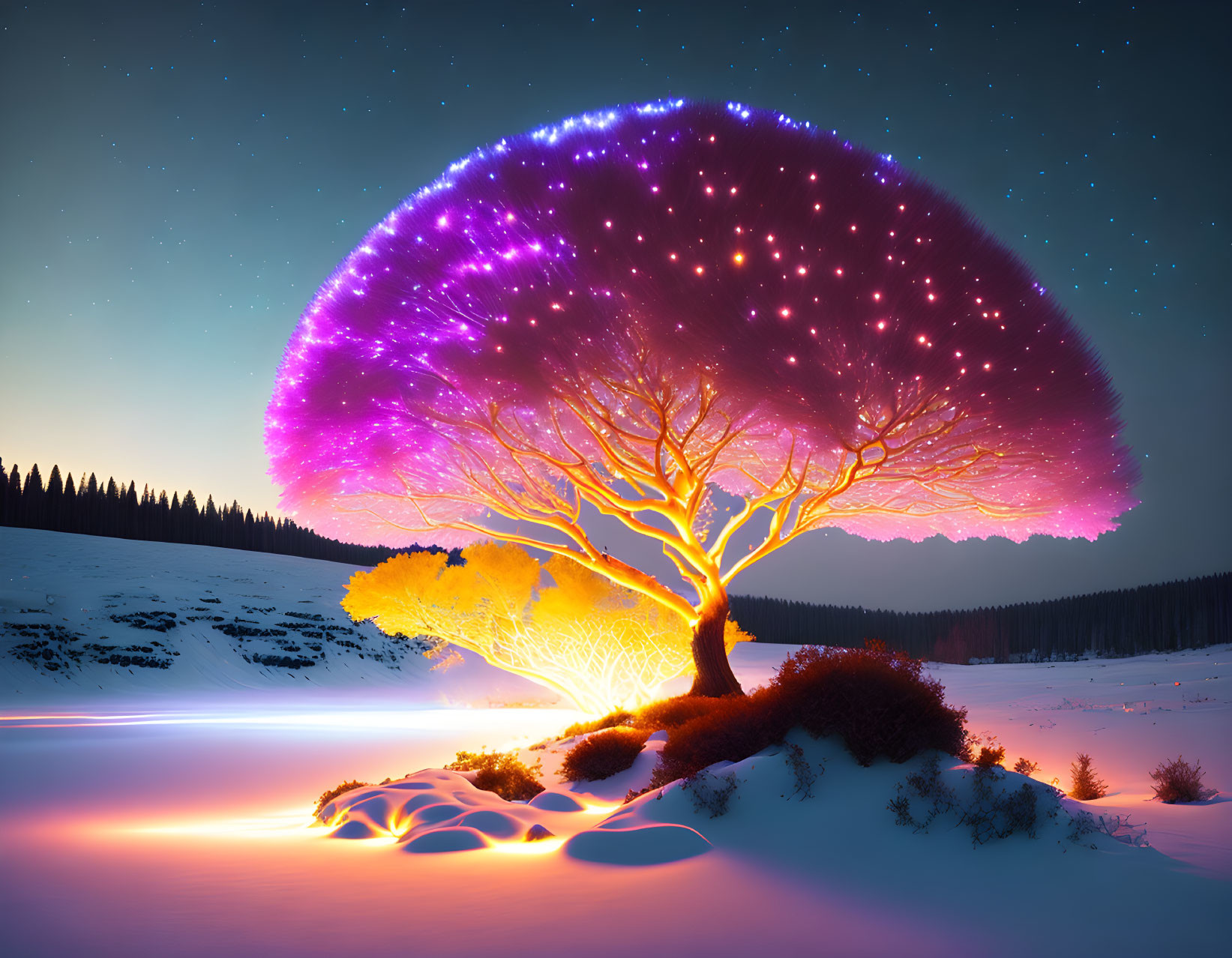 Illuminated tree with purple and pink canopy against snowy night sky