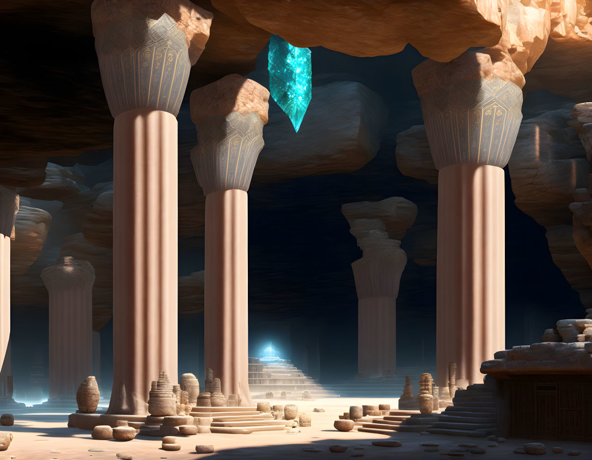 Mysterious cavern with towering pillars and glowing crystal in ancient ruins