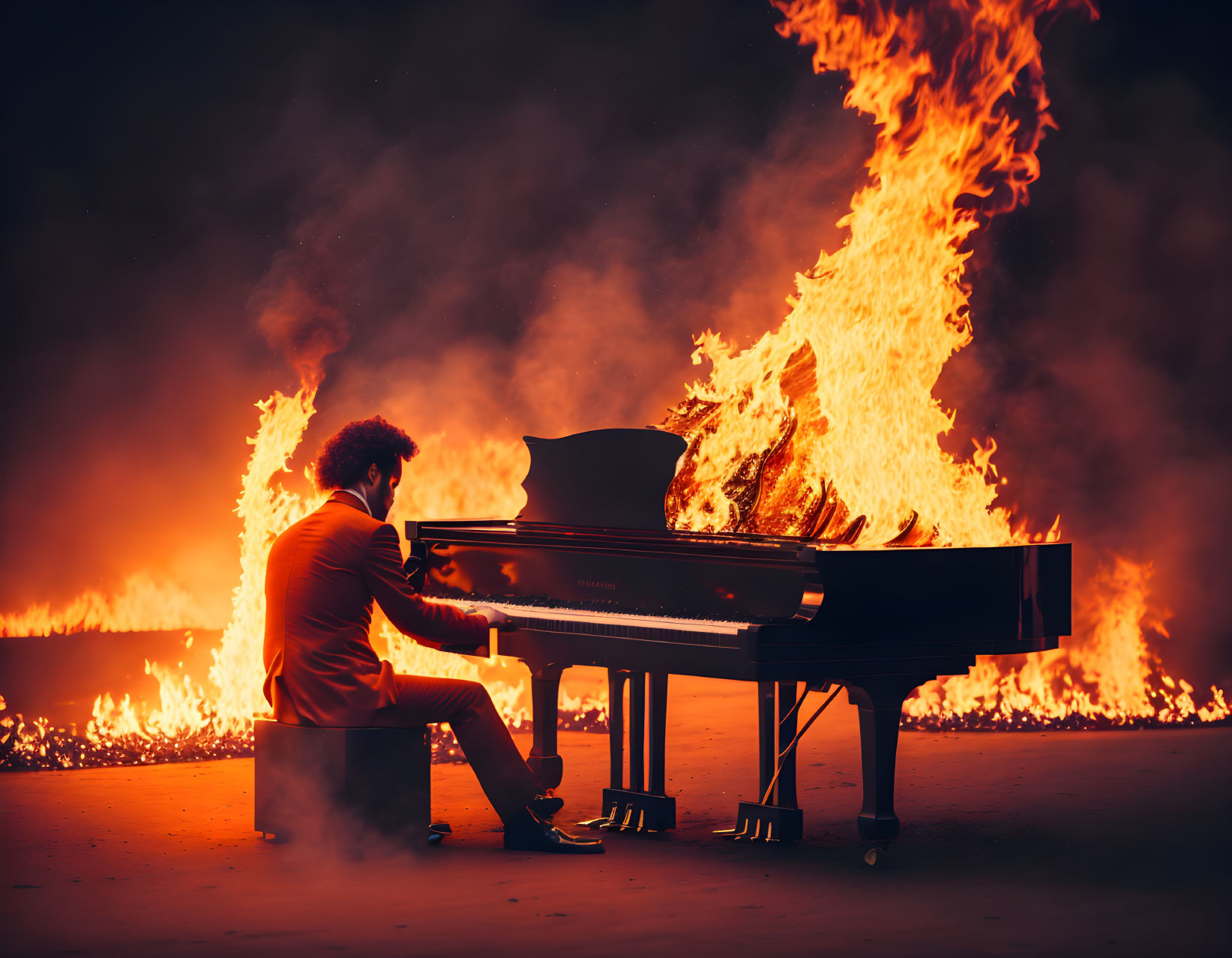 Person plays grand piano engulfed in flames.