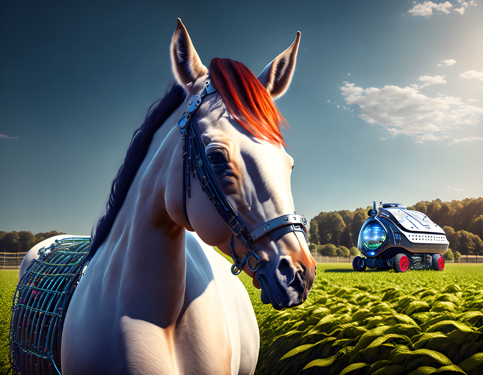 White Horse with Stylized Bridle and Red Mane Next to Futuristic Robots in Field