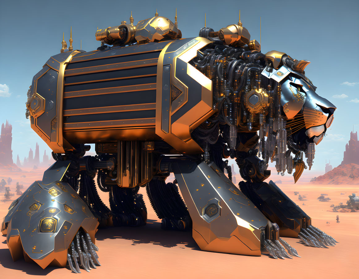 Futuristic robotic lion with gold and black detailing in desert landscape