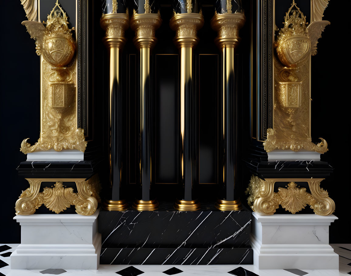 Luxurious Black and Gold Entryway with Ornate Sculptures and Marble Steps