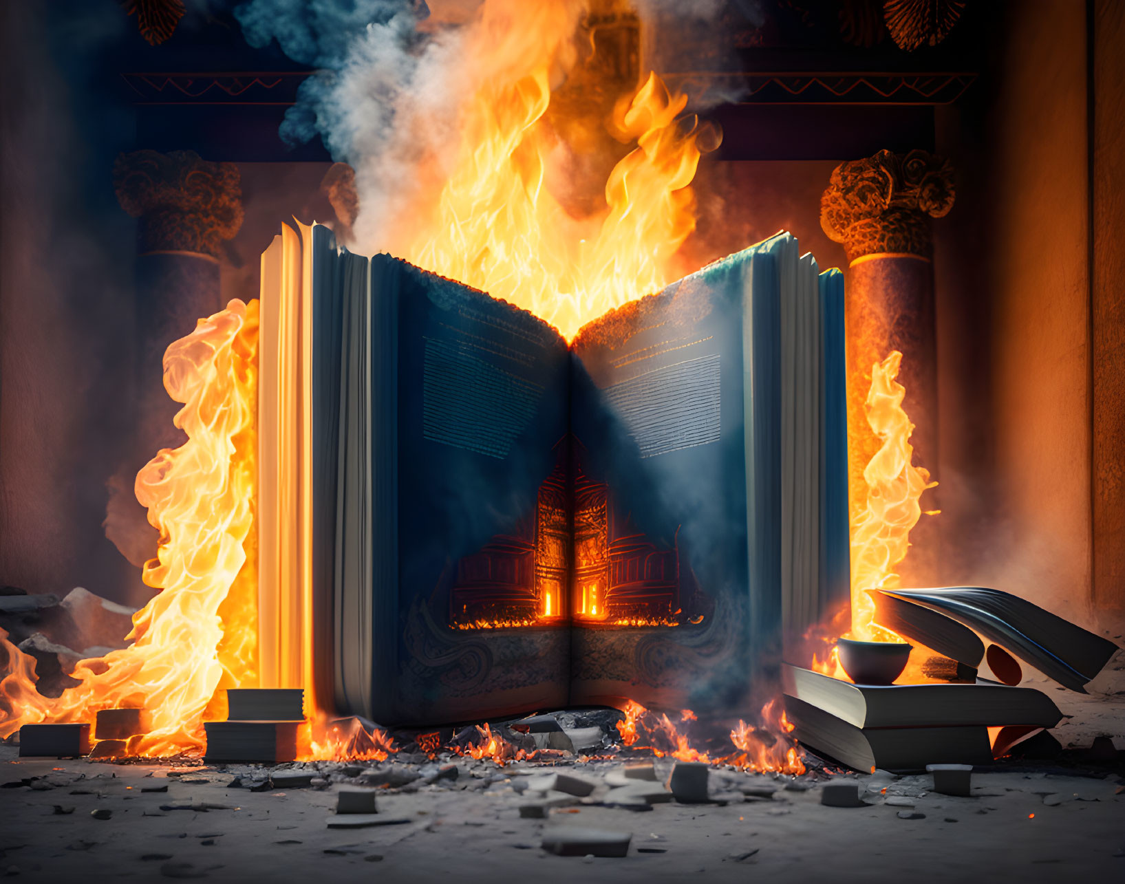 Open book engulfed in flames on dark background with floating ash