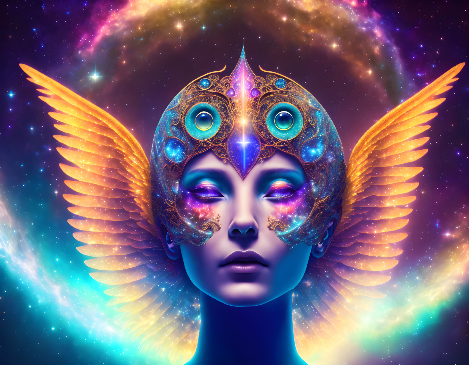 Colorful artwork: Woman with mask and golden wings in cosmic setting