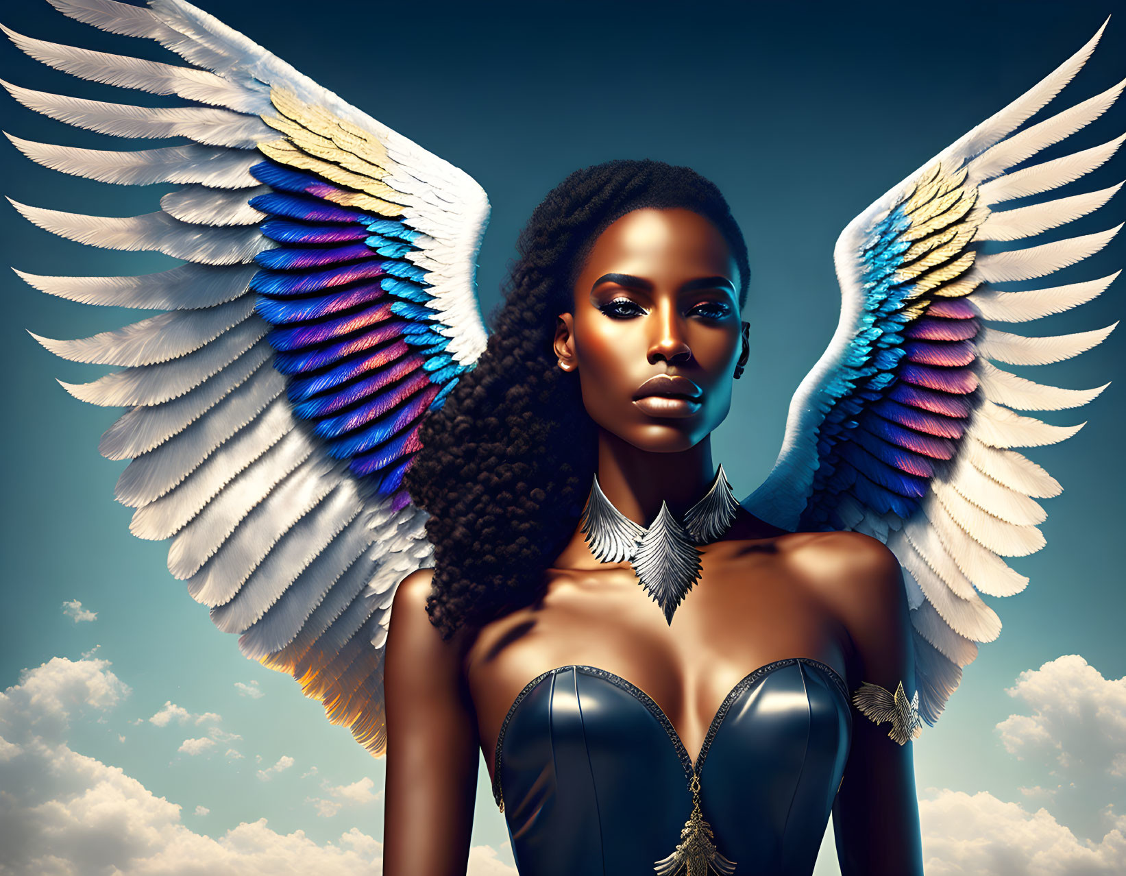 Multicolored winged woman in surreal sky scene