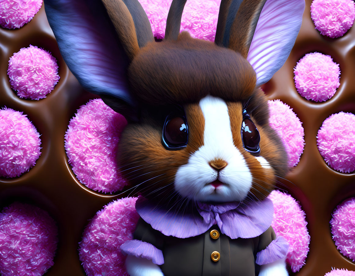 Whimsical 3D rabbit illustration with expressive eyes, ruffled collar, vest, and pink