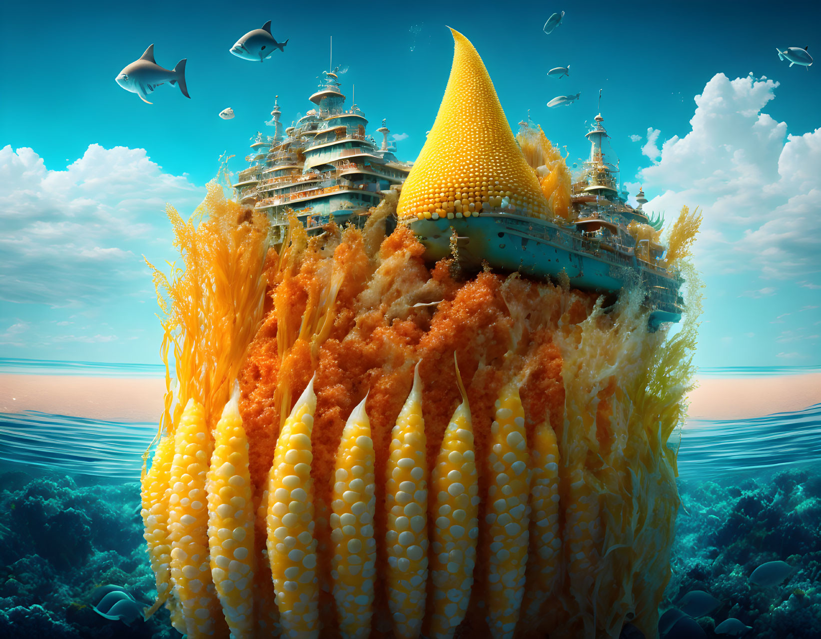 Surreal underwater scene with corn cob and fantasy building surrounded by fish