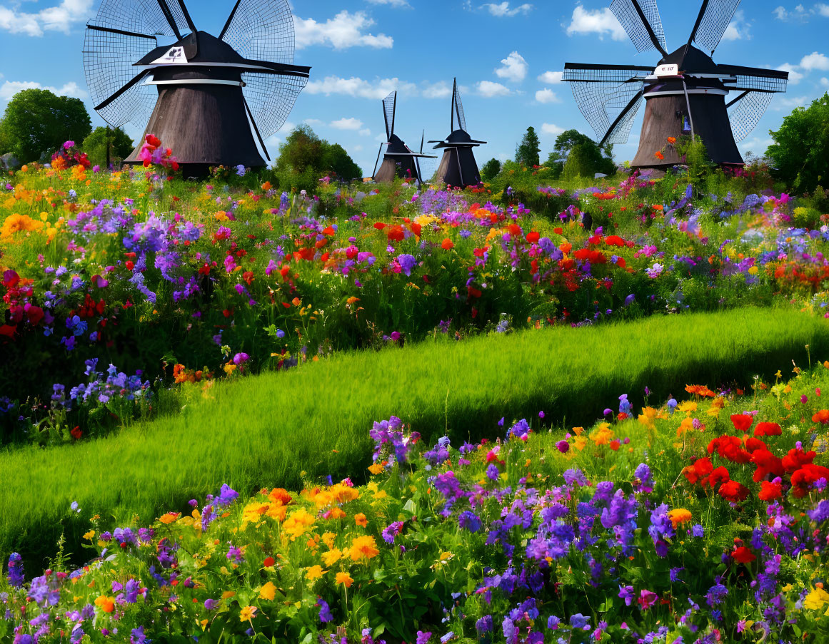 Colorful flower field and windmills under blue sky.